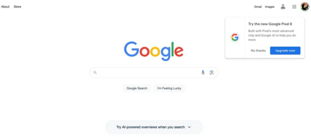 صفحه‌ی موتور جست‌وجو گوگل برای گوشی پیکسل ۸