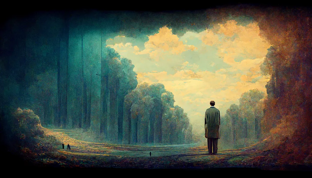 هدف از خلقت انسان چیست؟ 31 مرد در نمای نقاشی درختان سبز پاییزی و آسمان